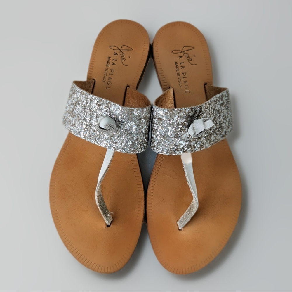 Joie A La Plage Italy Women's Champagne Glitter Tan Leather Toe Post Sandals